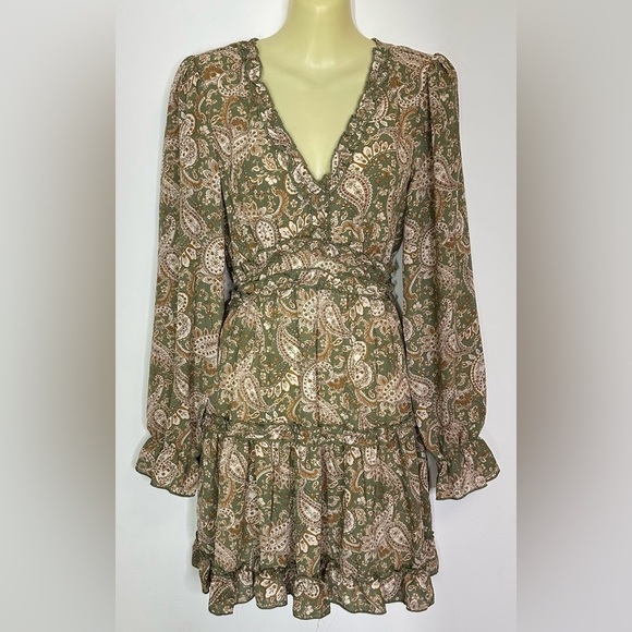 Inspired Hearts Green and Brown Paisley Bohemian Long Sleeve Dress size M - Picture 1 of 9
